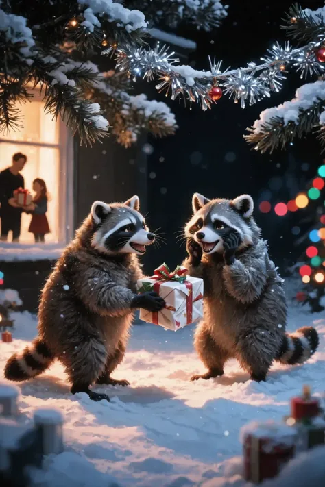 masterpiece, ultra detailed, two raccoons close-up,  waist-deep , stand facing each other under snowy fir branches with slightly old Christmas tinsel, everything is covered in sparkling clear snow. The scene is significantly dark, deep shadows, strong wint...