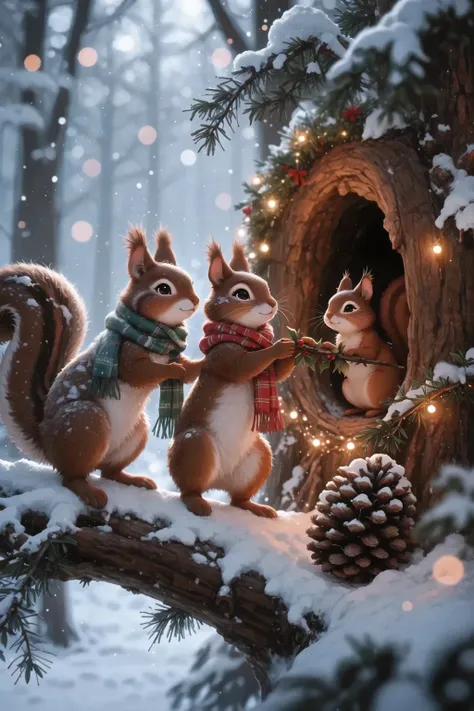 masterpiece, best quality, ultra detailed, a close-up of the Christmas scene: two squirrels in dynamic poses — a male and a female in cozy scarves adorn a fluffy one, a snow-covered snow-covered cedar branch with Christmas garlands. Right on this branch, t...