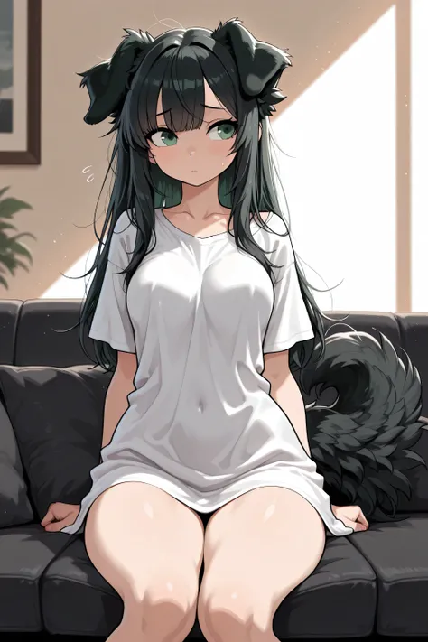 Masterpiece, High-Quality, Detailed. A short, slim humanoid female with Long Black hair with bangs and green eyes and fluffy floppy black dog ears and a long fluffy black dog tail and thick thighs and curvy hips and medium breasts. Cinematic_lighting. She ...