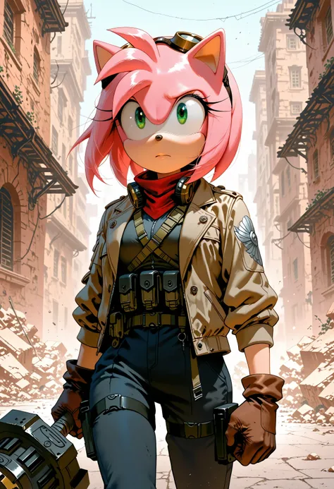"Rose of the Resistance": A more modern, determined Amy Rose, wearing a tactical but stylish outfit (maybe a jacket or goggles), leading a small group of heroes through a ruined city. She has a calm, focused expression and the hammer is ready but lowered.
