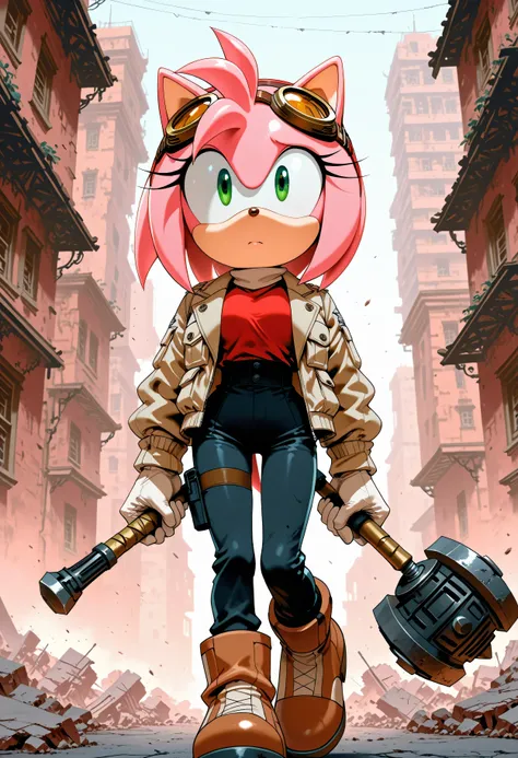 "Rose of the Resistance": A more modern, determined Amy Rose, wearing a tactical but stylish outfit (maybe a jacket or goggles), leading a small group of heroes through a ruined city. She has a calm, focused expression and the hammer is ready but lowered.

