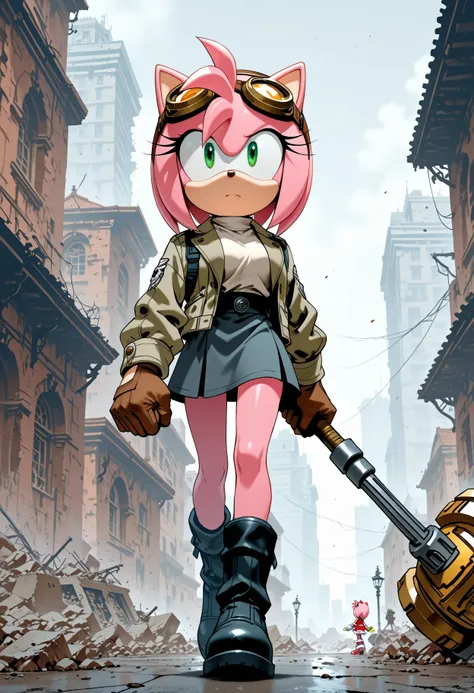 "Rose of the Resistance": A more modern, determined Amy Rose, wearing a tactical but stylish outfit (maybe a jacket or goggles), leading a small group of heroes through a ruined city. She has a calm, focused expression and the hammer is ready but lowered.
