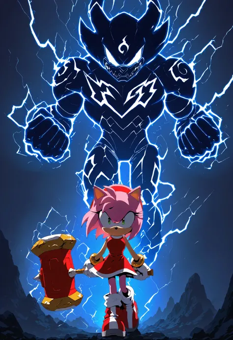  Amy Rose from the Sonic universe, dramatic thunder lightning effects surrounding her, powerful heroic stance, holding the Piko Piko Hammer, electricity crackling in the sky, glowing lightning bolts behind her, intense determined expression, wind-blown pin...