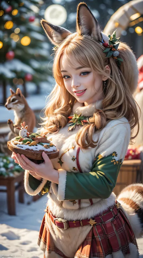 Highest quality, highest resolution, raw photo, realistic, photorealistic, highly detailed and beautiful, finest details, (Forest animals celebrating Christmas, rabbit | raccoon | fox | squirrel), (Christmas cake made of nuts, 1.3), (Animals dancing around...