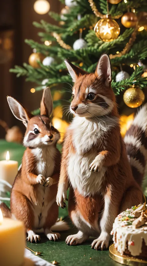 Highest quality, highest resolution, raw photo, realistic, photorealistic, highly detailed and beautiful, finest details, (Forest animals celebrating Christmas, rabbit | raccoon | fox | squirrel), (Christmas cake made of nuts, 1.3), (Animals dancing around...