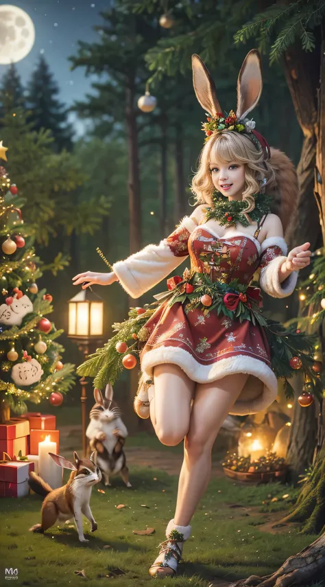 Highest quality, highest resolution, raw photo, realistic, photorealistic, highly detailed and beautiful, finest details, (Forest animals celebrating Christmas, rabbit | raccoon | fox | squirrel), (Christmas cake made of nuts, 1.3), (Animals dancing around...