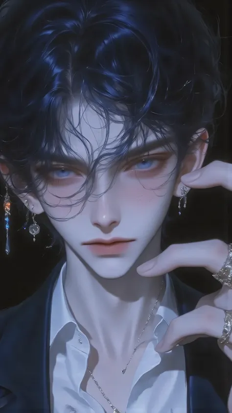 boy,niji,phwamen,male mermaid（Male Siren in human form）， Half Body Close-up，With a seductive yet cold air、Aloof and world-weary temperament。Dark blue long hair slightly messy，with a damp sheen，A few bunches of hair scattered on the side of his face。Deep se...