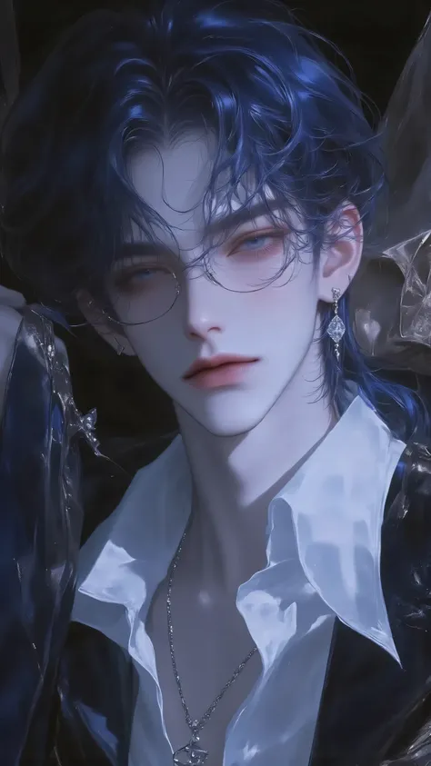 boy,niji,phwamen,male mermaid（Male Siren in human form）， Half Body Close-up，With a seductive yet cold air、Aloof and world-weary temperament。Dark blue long hair slightly messy，with a damp sheen，A few bunches of hair scattered on the side of his face。Deep se...