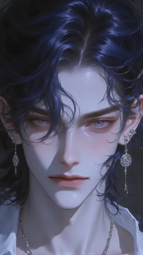 boy,niji,phwamen,male mermaid（Male Siren in human form）， Half Body Close-up，With a seductive yet cold air、Aloof and world-weary temperament。Dark blue long hair slightly messy，with a damp sheen，A few bunches of hair scattered on the side of his face。Deep se...