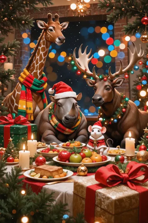 big, , the festively decorated Christmas table takes the center of the composition. Funny animals are sitting at the table: tall giraffe in a bright scarf, good-natured rhino with a Christmas hat, a majestic elk with horns decorated with a garland and a sm...