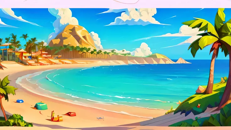 Beach coastline... daytime... simple palm trees... clouds... simple .. video games style , laoding screen style. Not over detailed، camera close to the ground..