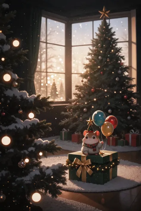 masterpiece, best quality, ultra detailed, , the atmosphere of a warm winter morning in a spacious room, in the background — a huge gorgeous Christmas tree with thick green branches, room immersed in soft twilight, but the gentle rays of dawn break through...