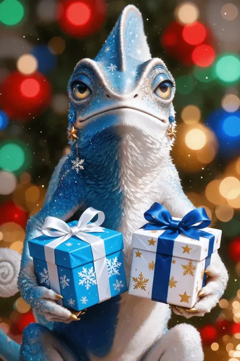 A close-up of a chameleon, looking closely forward, in each paw with a gift: decorations and decorations, one — a bright blue box with a white ribbon and shiny snowflakes, another — deep white box with a wide blue ribbon and gold stars. Each gift has a bri...