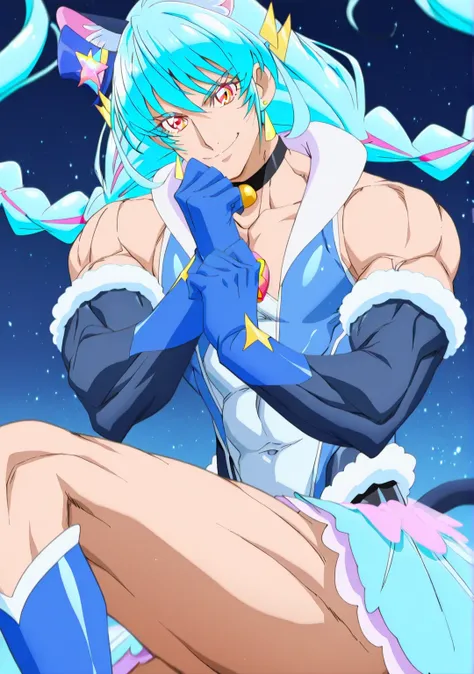 score 9 、score 8 up、score 7 up、source anime、傑作、best quality、best resolution、best image quality、anime coloring、anime screencap、anime screenshot、1boy、cure cosmo is a boy warrior、(male:1.6)、boy is wearing a blue dress、light blue haired boy、official art、solo、l...