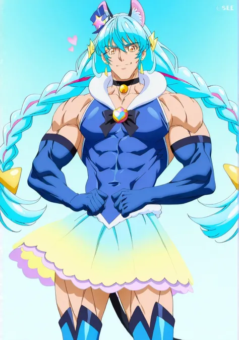 傑作、best quality、best resolution、best image quality、amazing quality、 very aesthetic、 absurdres、anime coloring、anime screencap、anime screenshot、1boy、cure cosmo is a boy warrior、(male:1.6)、boy is wearing a blue dress、light blue haired boy、official art、solo、li...