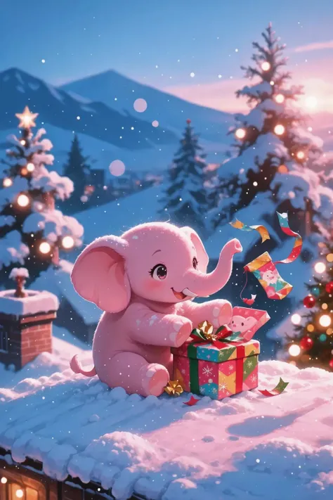Baku,Baku_tusks,Baku_tuskless,a cute close-up pink elephant sits on a snowy roof, happily opens a festive gift box, throws a colorful wrapper, against the background of fluffy snow-covered cedars in the soft evening light, long soft blue and pink shadows, ...