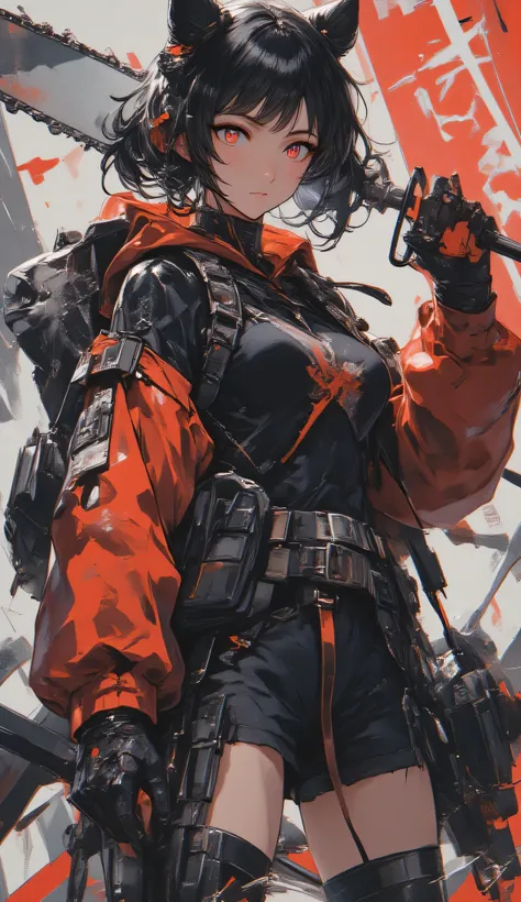 Female adventurer holding a chainsaw with her right hand、chainsaw made with precise parts、Reflect the chainsaw blade clearly、Accurate Body Structure、dynamic pose、Realistic chain saw、high image quality、High Quality、3D