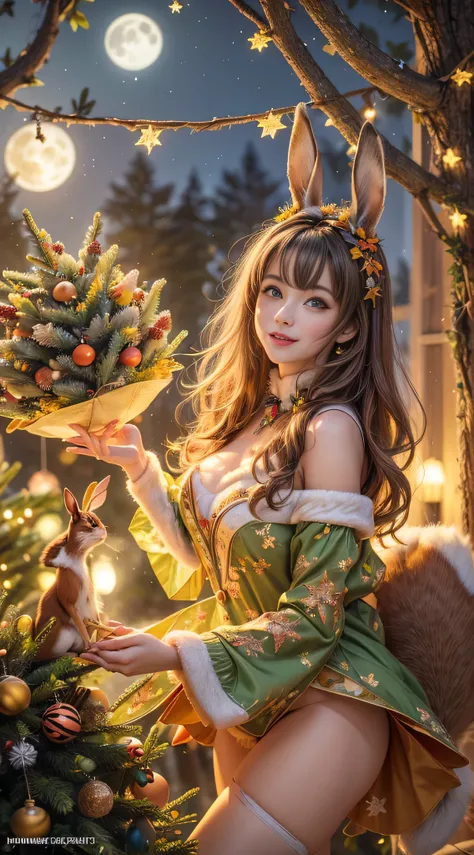 Highest quality, highest quality, highest resolution, raw photo, realistic, photorealistic, highly detailed and beautiful, highest detail, high saturation, vivid colors, (Forest animals celebrating Christmas, rabbit | raccoon | fox | squirrel), (Christmas ...