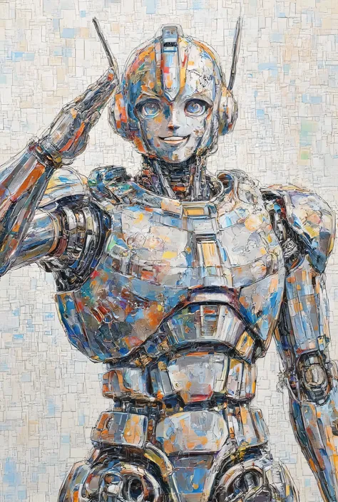 ,complex art, ultra detailed,mecha art,Illustration style,sm211,complex art, perfect mosaic art、1cat,  ((upper bodそして)),straight on、
((salute:1.4)), ((A smile that appeals to children)),