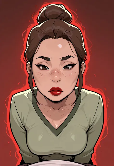 simple background, perfect face, hair bun, brown hair, (forehead), black thin eyebrows, big glowing brown eyes, thick red lipstick, beautiful woman, shirt, green shirt, medium breasts, pov, ((female asian)), asian, (freckles)
