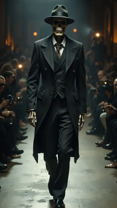 Hyper-realistic full body photography of a male skeleton model walking confidently down a professional high-fashion runway, facing the camera directly. He is wearing a classic elegant 1980s Fedora hat with a satin ribbon. The skeleton is dressed in sophist...