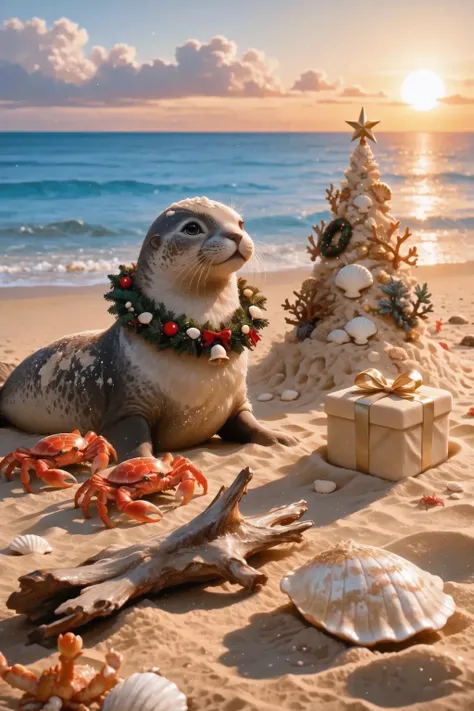 masterpiece, best quality, ultra detailed, out of sand on the sea beach in the golden rays of sunset a seal with a Christmas wreath on the neck, slightly powdered with sand, , along with several bright crabs, build a sand-colored Christmas tree out of sand...
