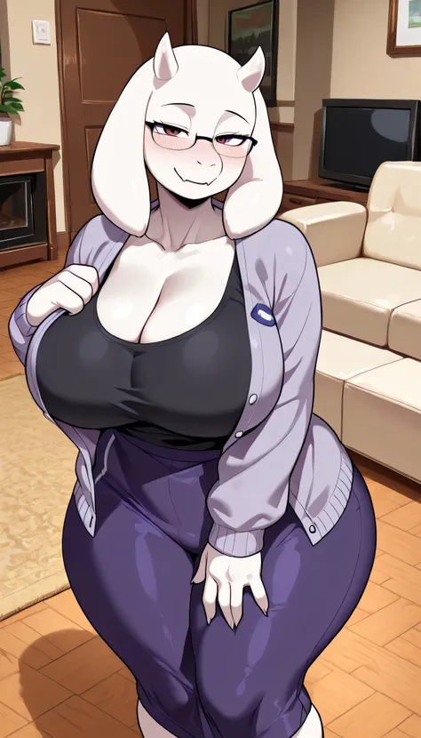 Masterpiece, high quality, 1 girl, toriel, milf, horns, red eyes, large breasts, curvy body, chubby, huge breasts, wide hips, hairy, white skin, white fur, furry hands, ((purple female cardigan)) , black t-shirt,(( long purple skirt )), glasses, looking at...