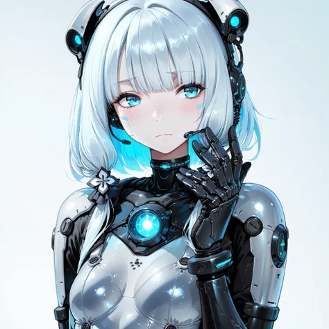 ==================
character:
==================
1girl, solo,
young female android, cybernetic girl,
short to medium length silver-white hair, soft layered bob, slightly wavy,
straight bangs, fine hair strands, glossy hair,
icy blue eyes, large anime eyes,...