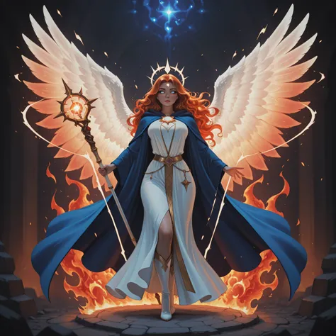 aidmaMJ6.1,realistic cartoon,a picture female aasimar sorceress casting a fire spell, extremely beautiful female aasimar, orange hair, long hair, wavy hair, dynamic eyes color, angelic eyes, radiant magical eyes, ultra detailed face, spread angelic wings...