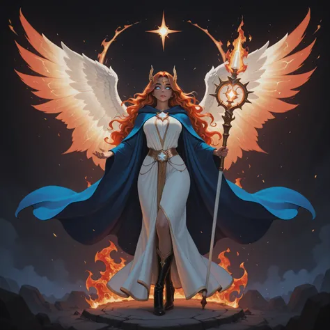 aidmaMJ6.1,realistic cartoon,a picture female aasimar sorceress casting a fire spell, extremely beautiful female aasimar, orange hair, long hair, wavy hair, dynamic eyes color, angelic eyes, radiant magical eyes, ultra detailed face, spread angelic wings...