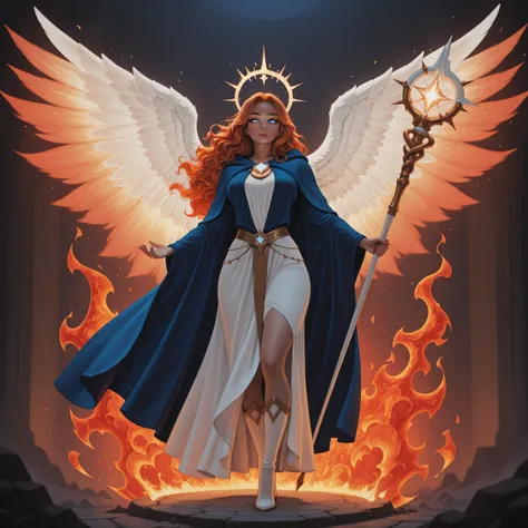 aidmaMJ6.1,realistic cartoon,a picture female aasimar sorceress casting a fire spell, extremely beautiful female aasimar, orange hair, long hair, wavy hair, dynamic eyes color, angelic eyes, radiant magical eyes, ultra detailed face, spread angelic wings...