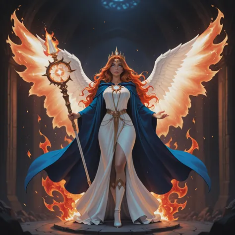aidmaMJ6.1,realistic cartoon,a picture female aasimar sorceress casting a fire spell, extremely beautiful female aasimar, orange hair, long hair, wavy hair, dynamic eyes color, angelic eyes, radiant magical eyes, ultra detailed face, spread angelic wings...