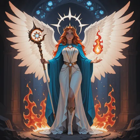 aidmaMJ6.1,realistic cartoon,a picture female aasimar sorceress casting a fire spell, extremely beautiful female aasimar, orange hair, long hair, wavy hair, dynamic eyes color, angelic eyes, radiant magical eyes, ultra detailed face, spread angelic wings...
