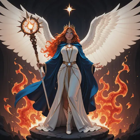 aidmaMJ6.1,realistic cartoon,a picture female aasimar sorceress casting a fire spell, extremely beautiful female aasimar, orange hair, long hair, wavy hair, dynamic eyes color, angelic eyes, radiant magical eyes, ultra detailed face, spread angelic wings...