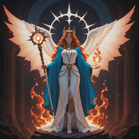 aidmaMJ6.1,realistic cartoon,a picture female aasimar sorceress casting a fire spell, extremely beautiful female aasimar, orange hair, long hair, wavy hair, dynamic eyes color, angelic eyes, radiant magical eyes, ultra detailed face, spread angelic wings...
