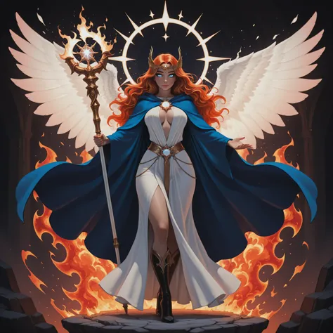 aidmaMJ6.1,realistic cartoon,a picture female aasimar sorceress casting a fire spell, extremely beautiful female aasimar, orange hair, long hair, wavy hair, dynamic eyes color, angelic eyes, radiant magical eyes, ultra detailed face, spread angelic wings...