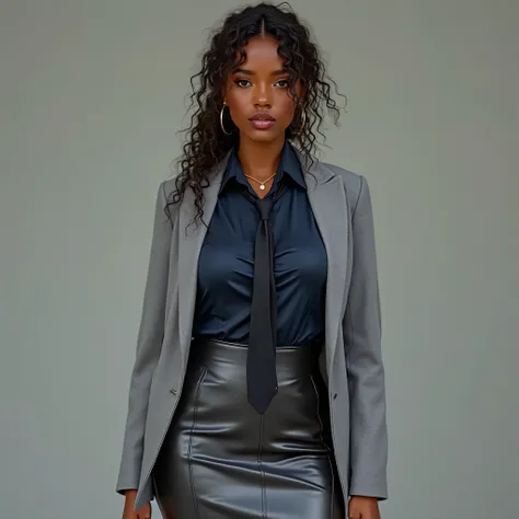 A realistic, high resolution photograph of a beautiful mulatto woman in her 20's; full body frontal view facing the camera with her arms at her side, looking at the camera. There is extra space in the photo above the top of her head. She has an hourglass, ...