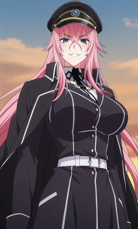 1female, solo, Princia Funnybunny, pink hair, long hair, blue eyes, evil grin, military hat, black coat, white-military costume, sexy, sky, female focus High School DxD Hero Style, 