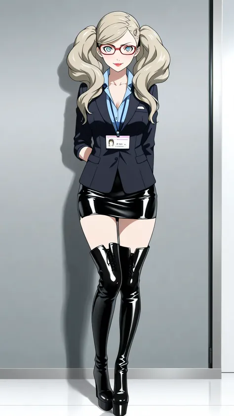 posing, secretary, name tag, glasses, latex skirt, shirt, long sleeves, collarbone, jacket, blue latex shirt, black latex skirt, formal, suit, office lady, skirt suit,, p5ann, bright blue eyes, takamaki anne, blonde hair, long hair, twintails, swept ban...