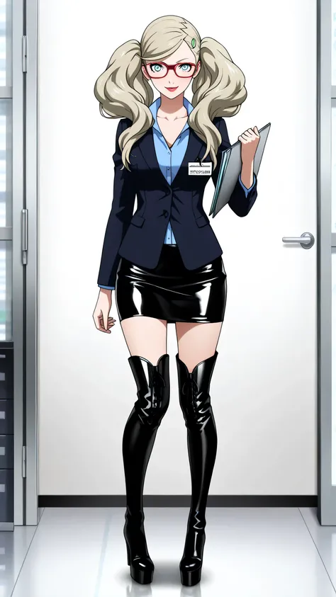 holding folder and phone , secretary, name tag, glasses, latex skirt, shirt, long sleeves, collarbone, blue latex shirt, black latex skirt, office lady, skirt suit,, p5ann, bright blue eyes, takamaki anne, blonde hair, long hair, twintails, swept bangs...
