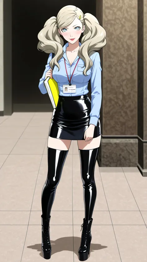 holding folder and phone , secretary, name tag, glasses, latex skirt, shirt, long sleeves, collarbone, blue latex shirt, black latex skirt, office lady, , p5ann, bright blue eyes, takamaki anne, blonde hair, long hair, twintails, swept bangs, hair clip...