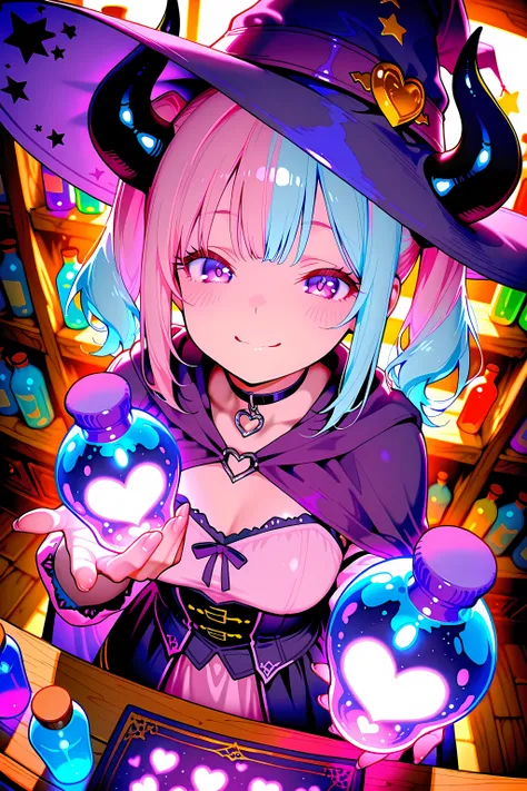 ((purple eyes)), (two-tone hair, pink hair, light blue hair), twin tails, (black horns), (heart charm choker), 
witch hat, purple cape, fantasy outfit, mischievous smile, 
holding glowing dream bottle, reaching hand toward viewer, 
from above angle, dutch ...