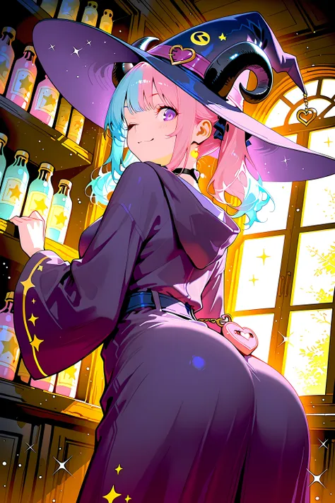 ((purple eyes)), (two-tone hair, pink hair, light blue hair), twin tails, (black horns), (heart charm choker),
witch outfit, long purple robe, wizard hat, magical accessories,
looking back, over shoulder, playful expression, wink,
fantasy library interior,...