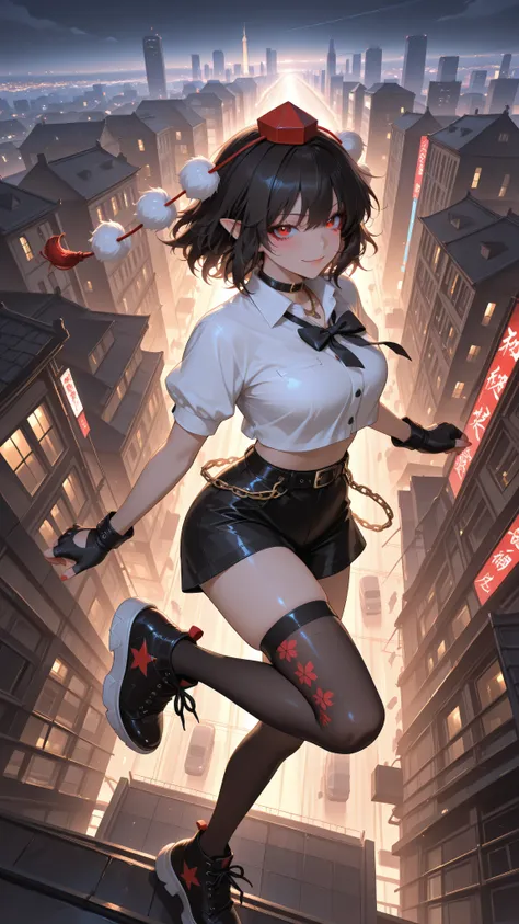 shameimaru aya, 1girl, solo, red eyes, black hair, tokin hat, collared shirt, white shirt, short sleeves, black bow, high quality, perfect photography, ultra-detailed, glitter eye makeup, dramatic long eyelashes,hip-hop idol fusion style, street-fashion ou...