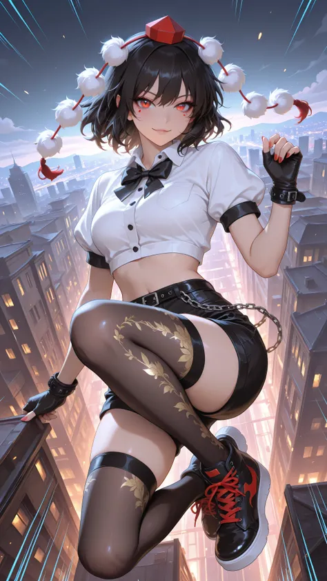 shameimaru aya, 1girl, solo, red eyes, black hair, tokin hat, collared shirt, white shirt, short sleeves, black bow, high quality, perfect photography, ultra-detailed, glitter eye makeup, dramatic long eyelashes,hip-hop idol fusion style, street-fashion ou...