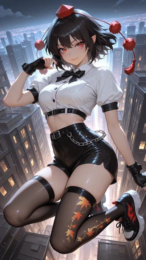 shameimaru aya, 1girl, solo, red eyes, black hair, tokin hat, collared shirt, white shirt, short sleeves, black bow, high quality, perfect photography, ultra-detailed, glitter eye makeup, dramatic long eyelashes,hip-hop idol fusion style, street-fashion ou...