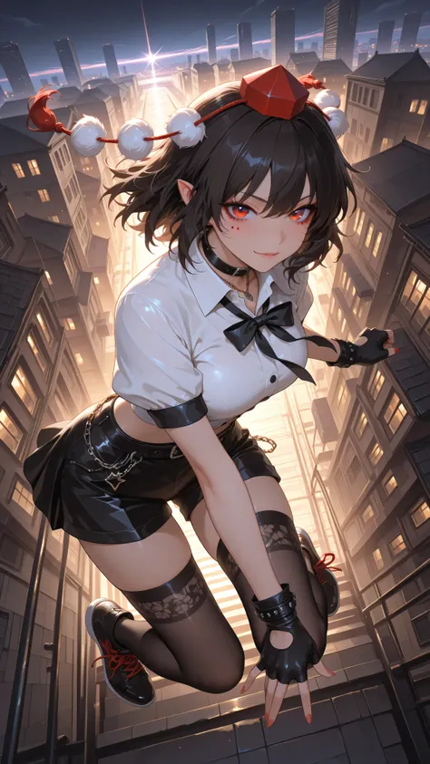 shameimaru aya, 1girl, solo, red eyes, black hair, tokin hat, collared shirt, white shirt, short sleeves, black bow, high quality, perfect photography, ultra-detailed, glitter eye makeup, dramatic long eyelashes,hip-hop idol fusion style, street-fashion ou...