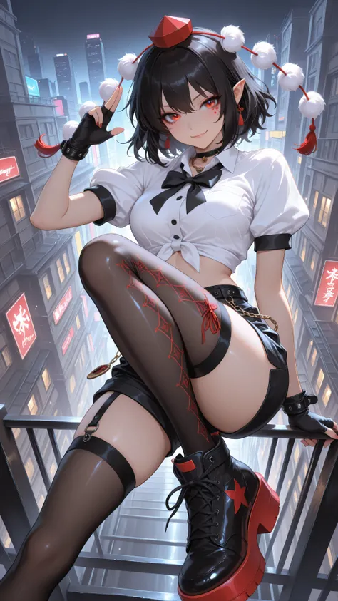 shameimaru aya, 1girl, solo, red eyes, black hair, tokin hat, collared shirt, white shirt, short sleeves, black bow, high quality, perfect photography, ultra-detailed, glitter eye makeup, dramatic long eyelashes,hip-hop idol fusion style, street-fashion ou...