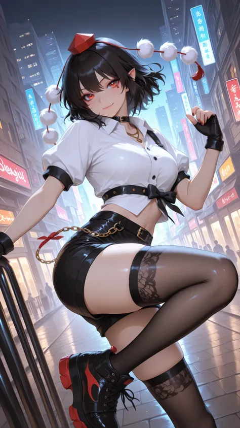shameimaru aya, 1girl, solo, red eyes, black hair, tokin hat, collared shirt, white shirt, short sleeves, black bow, high quality, perfect photography, ultra-detailed, glitter eye makeup, dramatic long eyelashes,hip-hop idol fusion style, street-fashion ou...