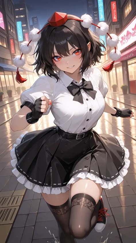 shameimaru aya, 1girl, solo, red eyes, black hair, tokin hat, collared shirt, white shirt, short sleeves, black bow, black skirt, frilled skirt, high quality, perfect photography, ultra-detailed, glitter eye makeup, dramatic long eyelashes,hip-hop idol fus...